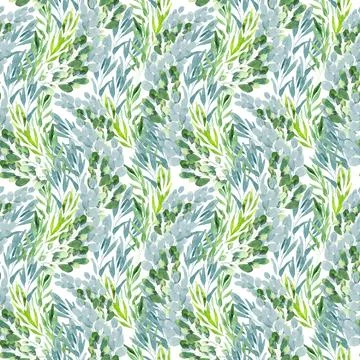 Watercolor seamless pattern with green spring plants with carved leaves Stock Illustration