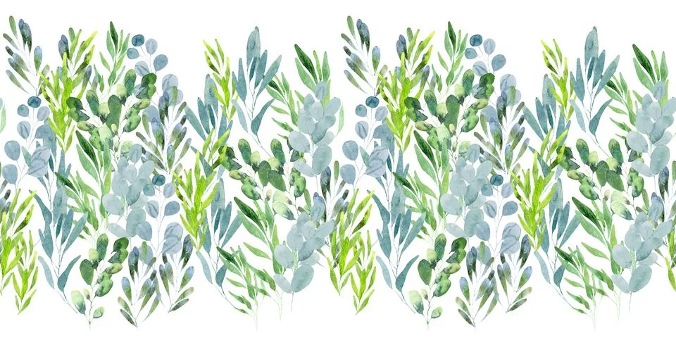 Watercolor seamless pattern with green spring plants with carved leaves Stock Illustration