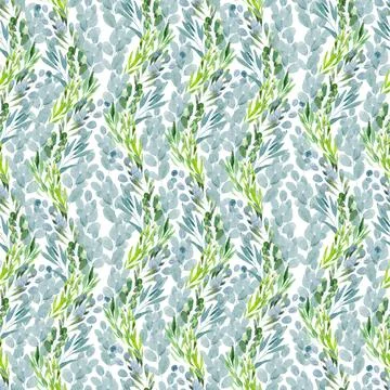 Watercolor seamless pattern with green spring plants with carved leaves Illustrazione stock