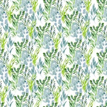 Watercolor seamless pattern with green spring plants with carved leaves Stock Illustration