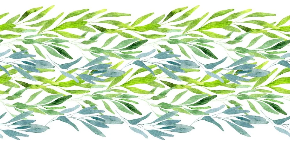 Watercolor seamless pattern with green spring plants with carved leaves Stock Illustration