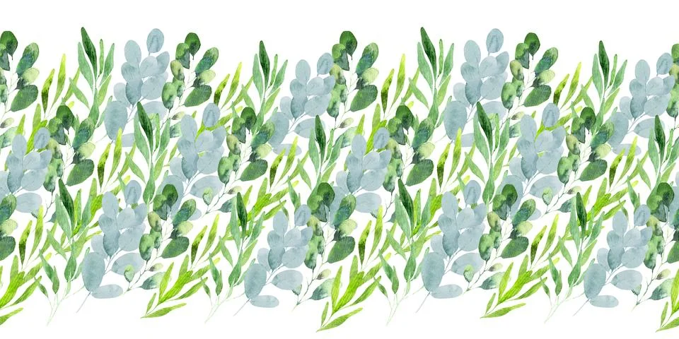 Watercolor seamless pattern with green spring plants with carved leaves Stock Illustration