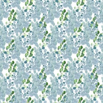 Watercolor seamless pattern with green spring plants with carved leaves Stock Illustration