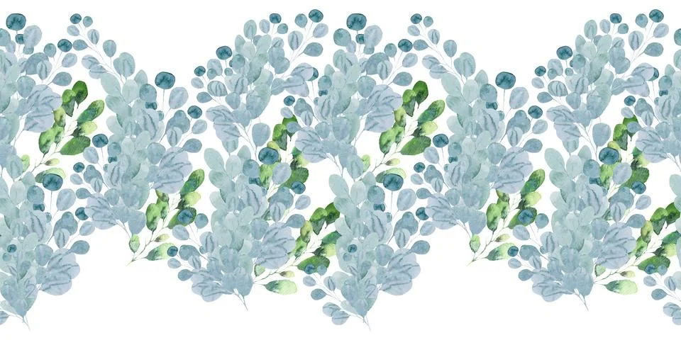 Watercolor seamless pattern with green spring plants with carved leaves Stock Illustration