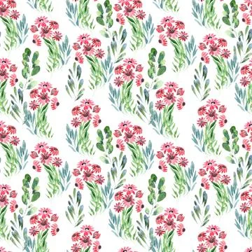Watercolor seamless pattern with green spring plants with carved leaves Stock Illustration