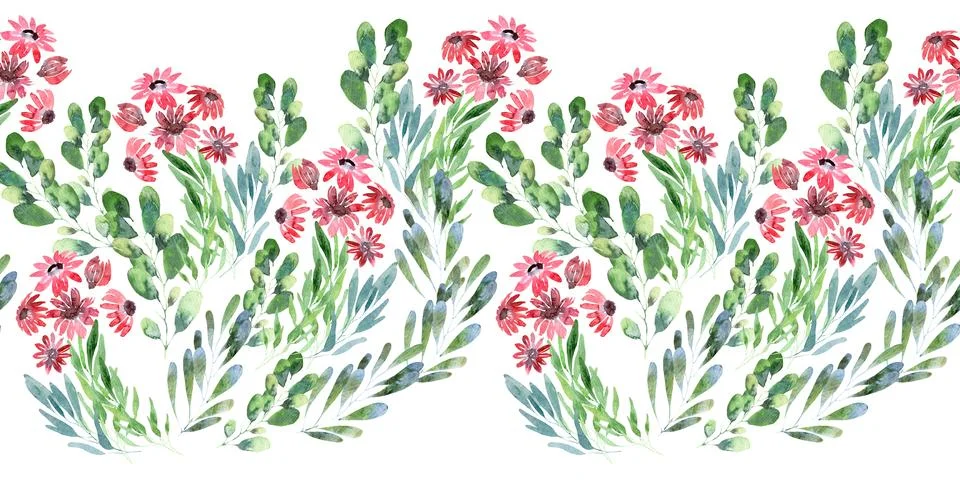 Watercolor seamless pattern with green spring plants with carved leaves Stock Illustration