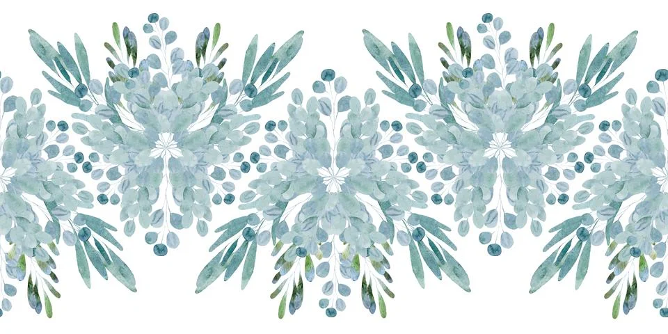 Watercolor seamless pattern with green spring plants with carved leaves Stock Illustration