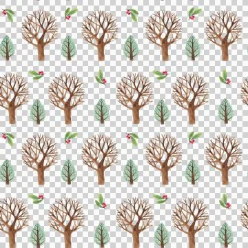 Watercolor seamless pattern with green trees, snowy mountains Illustrazione stock