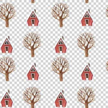 Watercolor seamless pattern with green trees, snowy mountains Stock Illustration