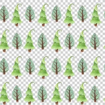 Watercolor seamless pattern with green trees, snowy mountains Stock Illustration