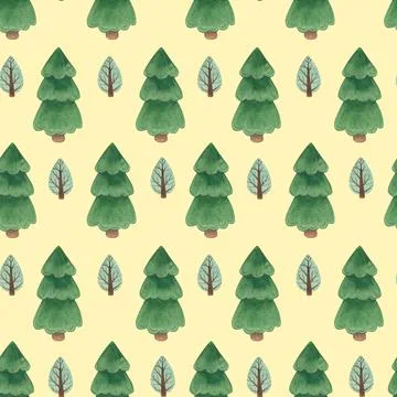 Watercolor seamless pattern with green trees, snowy mountains Stock Illustration