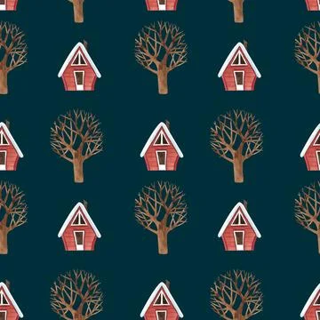 Watercolor seamless pattern with green trees, snowy mountains Stock Illustration