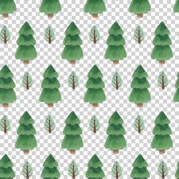 Watercolor seamless pattern with green trees, snowy mountains Stock Illustration