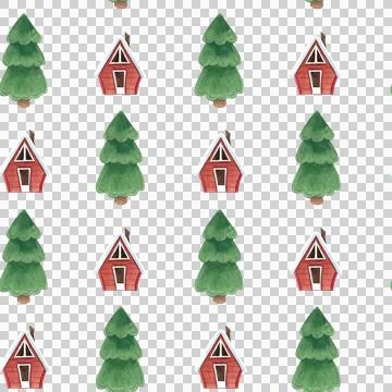Watercolor seamless pattern with green trees, snowy mountains Illustrazione stock