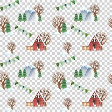 Watercolor seamless pattern with green trees, snowy mountains Stock Illustration