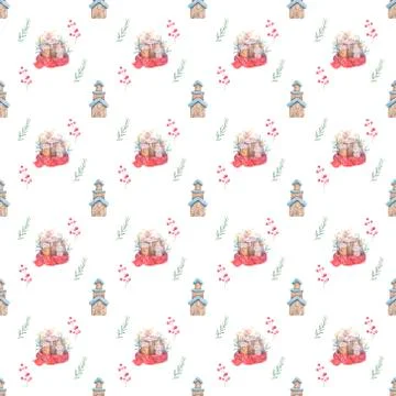 Watercolor seamless pattern Hand drawn Burning candle in christmas candlestic Stock Illustration