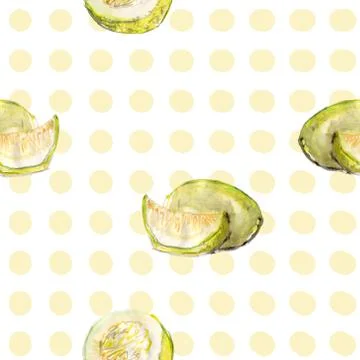 Watercolor seamless pattern with hand-drawn melons on a background of yellow 库存插图
