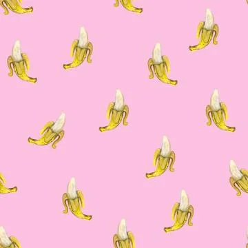 Watercolor seamless pattern with hand-drawn half peeled bananas on a pink Stock Illustration
