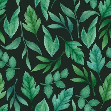 Watercolor seamless pattern with hand drawn blue green leaves and branches is Stock Illustration