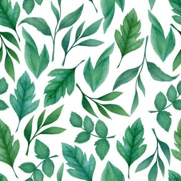 Watercolor seamless pattern with hand drawn blue green leaves and branches is Stock Illustration