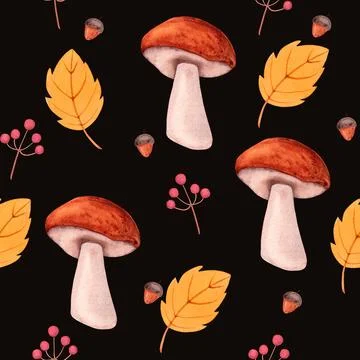 Watercolor seamless pattern with hand drawn mushrooms, yellow leaves, acorns Stock Illustration
