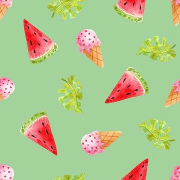 Watercolor seamless pattern with hand drawn watermelon elements summer vibes Stock Illustration