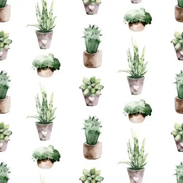 Watercolor seamless pattern of hand painted house potted houseplant. green Stock Illustration