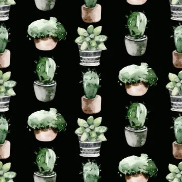 Watercolor seamless pattern of hand painted house potted houseplant. green Stock Illustration