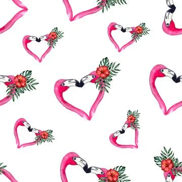 Watercolor seamless pattern with hand painted watercolor hearts, couple flamingo Illustrazione stock