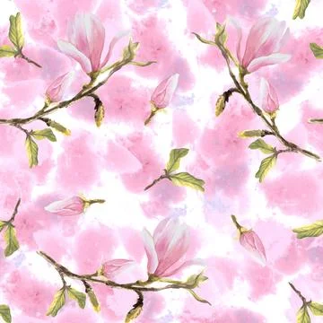 Watercolor Seamless Pattern Hand painted illustration Magnolia on white bac.. Stock Illustration