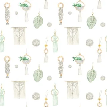Watercolor seamless pattern Handmade macrame cotton wall decoration on white Stock Illustration
