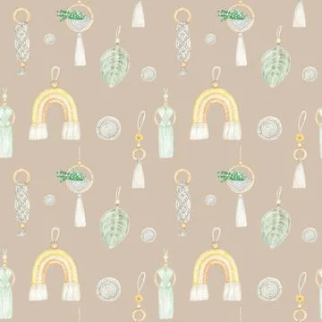 Watercolor seamless pattern Handmade macrame cotton wall decoration on beige Stock Illustration