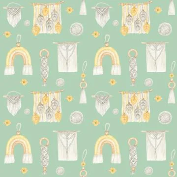 Watercolor seamless pattern Handmade macrame cotton wall decoration on mint Stock Illustration