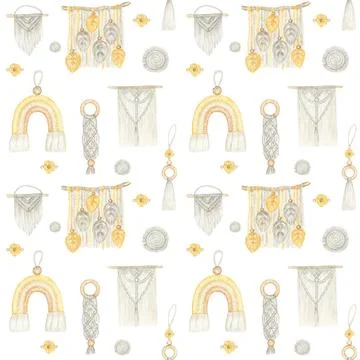 Watercolor seamless pattern Handmade macrame cotton wall decoration on white イラスト素材