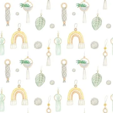 Watercolor seamless pattern Handmade macrame cotton wall decoration on white Stock Illustration
