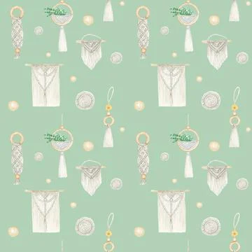 Watercolor seamless pattern Handmade macrame cotton wall decoration on mint Illustrazione stock