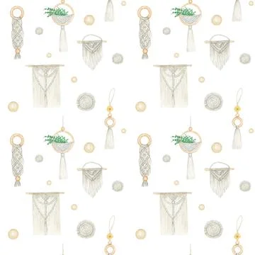 Watercolor seamless pattern Handmade macrame cotton wall decoration on white Stock Illustration