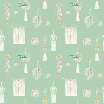 Watercolor seamless pattern Handmade macrame cotton wall decoration on mint Illustrazione stock