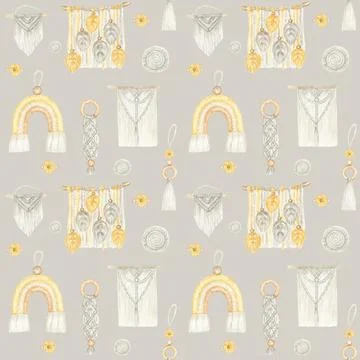 Watercolor seamless pattern Handmade macrame cotton wall decoration on beige Stock Illustration