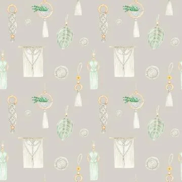 Watercolor seamless pattern Handmade macrame cotton wall decoration on beige Stock Illustration