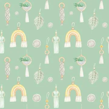 Watercolor seamless pattern Handmade macrame cotton wall decoration on mint Stock Illustration