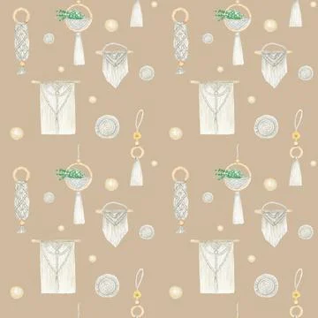 Watercolor seamless pattern Handmade macrame cotton wall decoration on beige イラスト素材