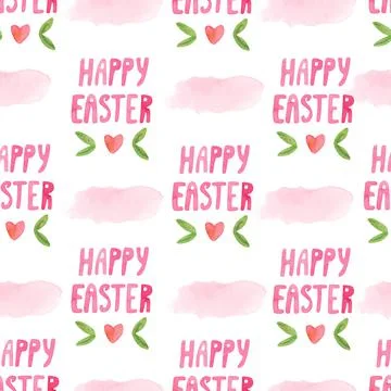Watercolor seamless pattern with Happy Easter lettering on white Stock Illustration