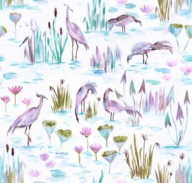 Watercolor seamless pattern with herons, cattails and water lily. Swamp flora Illustrazione stock