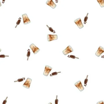 Watercolor seamless pattern with iced coffee and ice cream. Ilustración de archivo