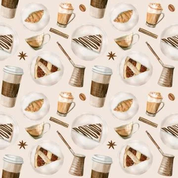 Watercolor seamless pattern with illustrations of coffee cup, coffee beans Stock Illustration