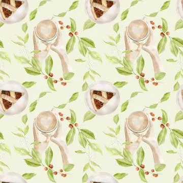 Watercolor seamless pattern with illustrations of coffee cup, coffee beans, c Illustrazione stock