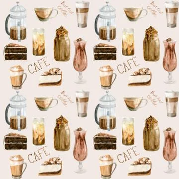 Watercolor seamless pattern with illustrations of coffee cup and desserts. Illustrazione stock
