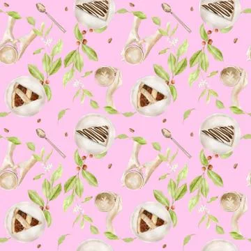 Watercolor seamless pattern with illustrations of coffee cup, coffee beans Illustrazione stock