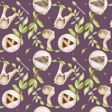 Watercolor seamless pattern with illustrations of coffee cup, coffee beans Illustrazione stock